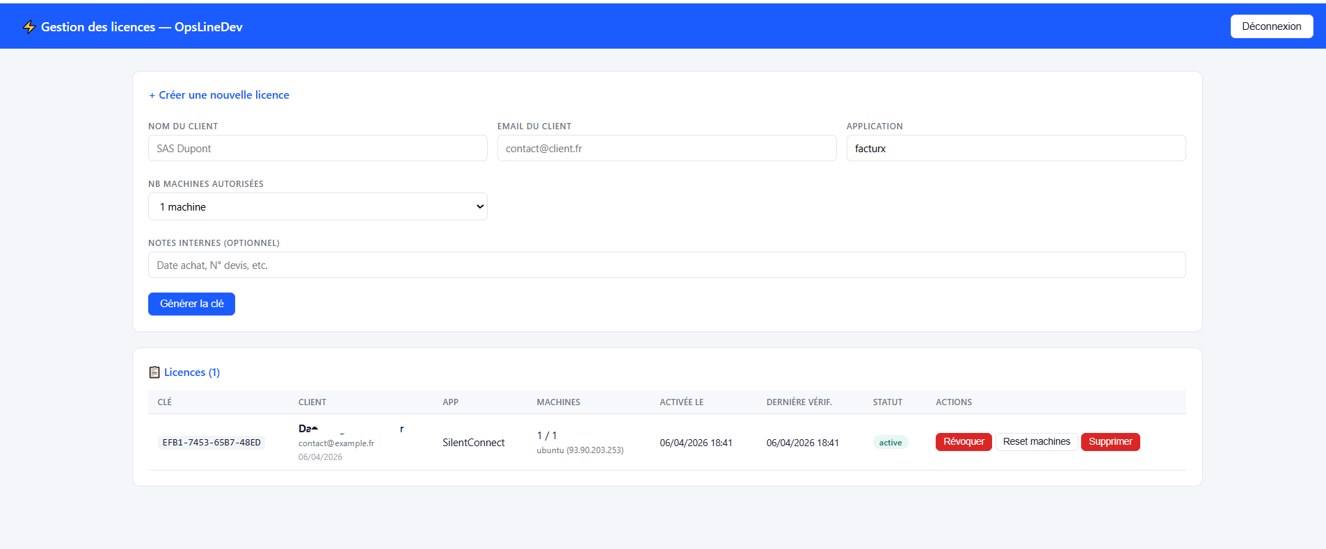 Interface de gestion des licences OpsLineDev